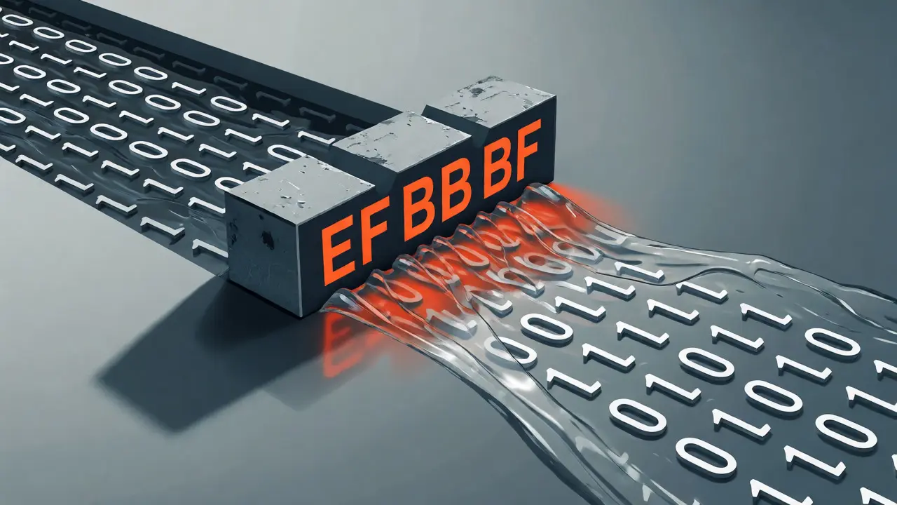 Abstract visualization of a Byte Order Mark blocking a stream of binary data.