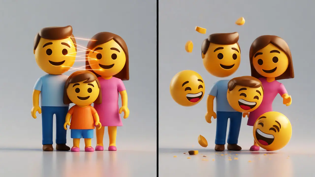 Split screen comparing connected family emojis held by ZWJ threads vs separated parts.